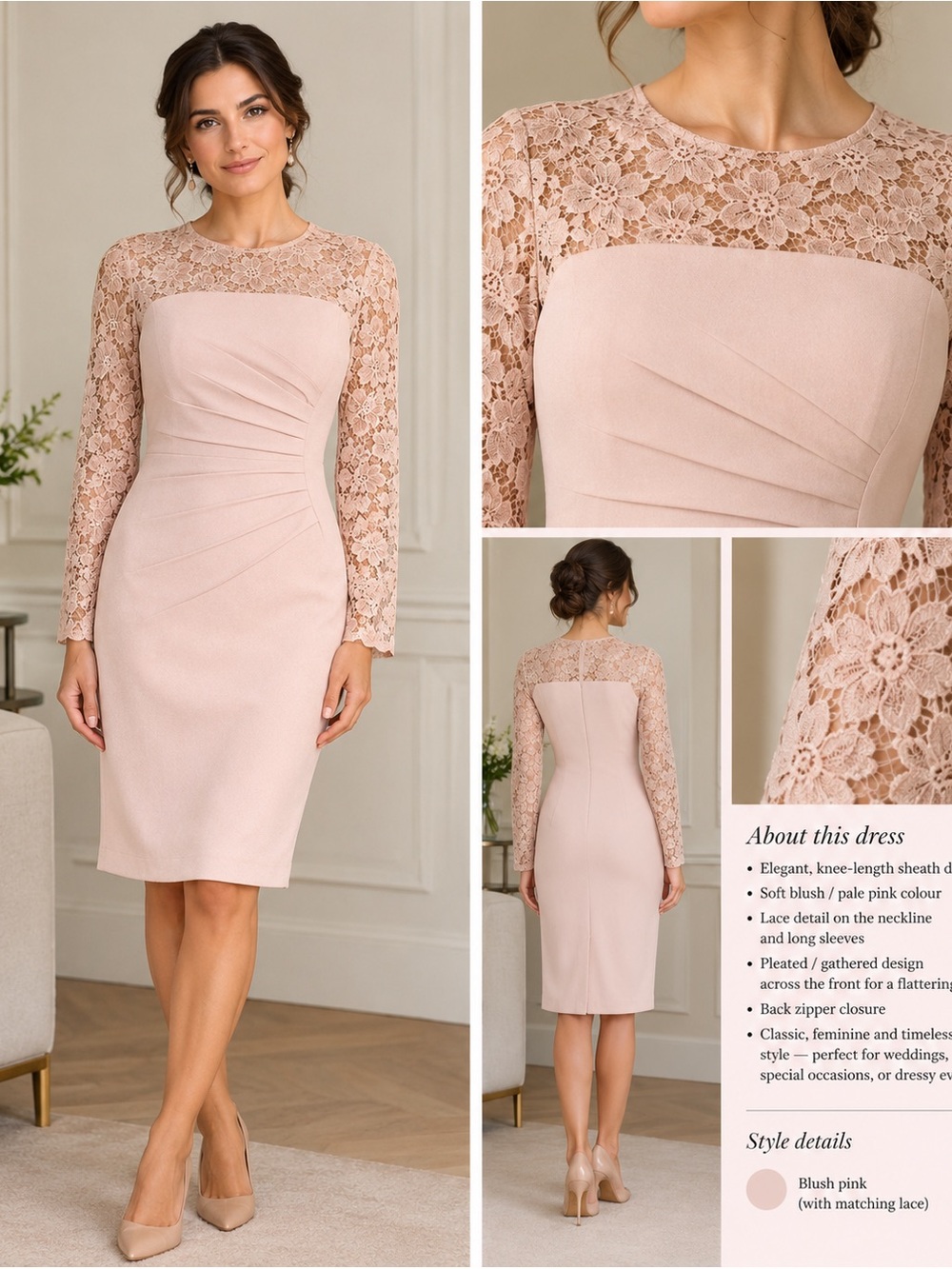 Ivanka Trump Blush Lace-Accent Long Sleeve Sheath Dress